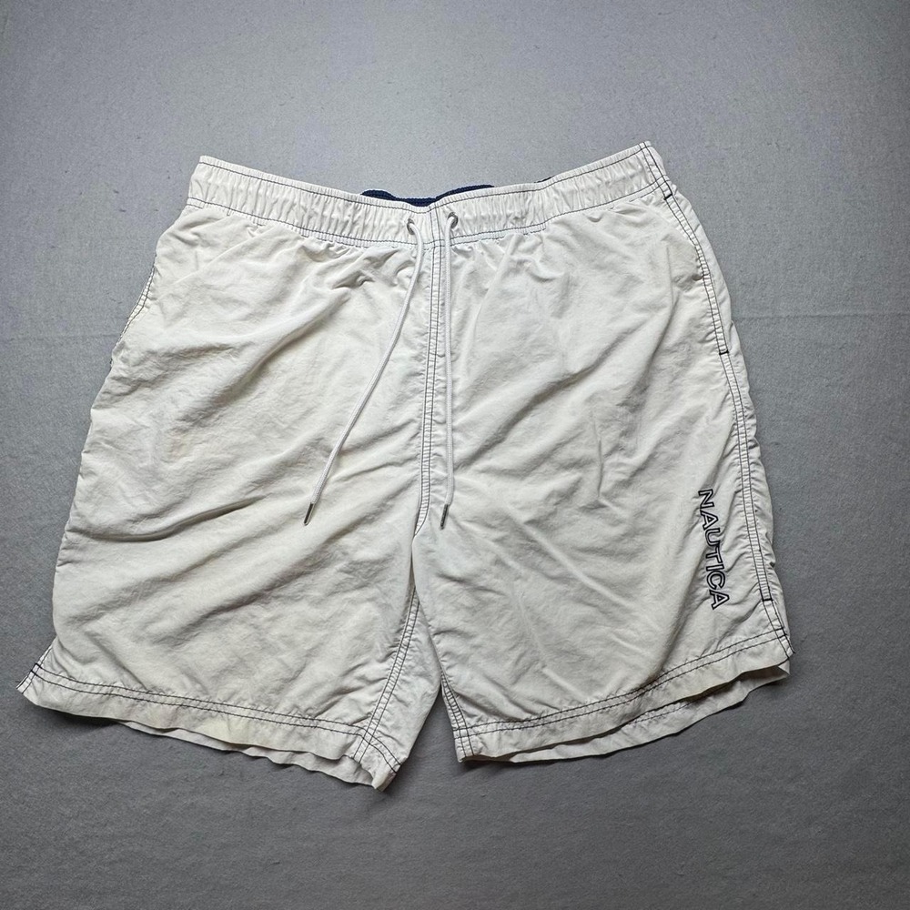 Nautica Mens White Swim Shorts Trunks Mesh Lined Navy Logo XL